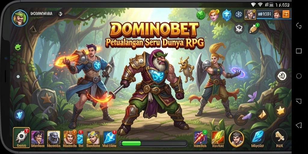 Antarmuka permainan <strong>DOMINOBET</strong> yang menampilkan karakter dan lingkungan RPG.