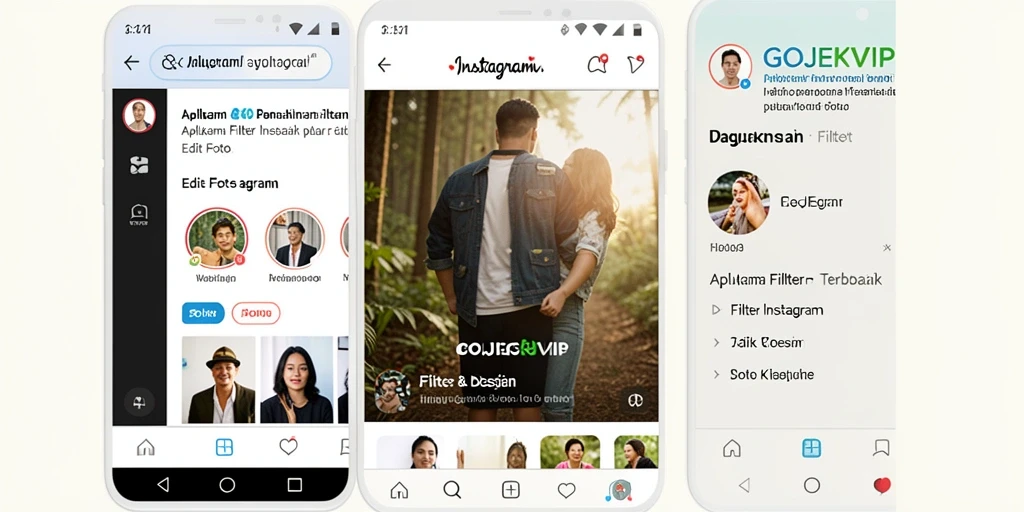 Antarmuka GOJEKVIP dengan berbagai filter Instagram.