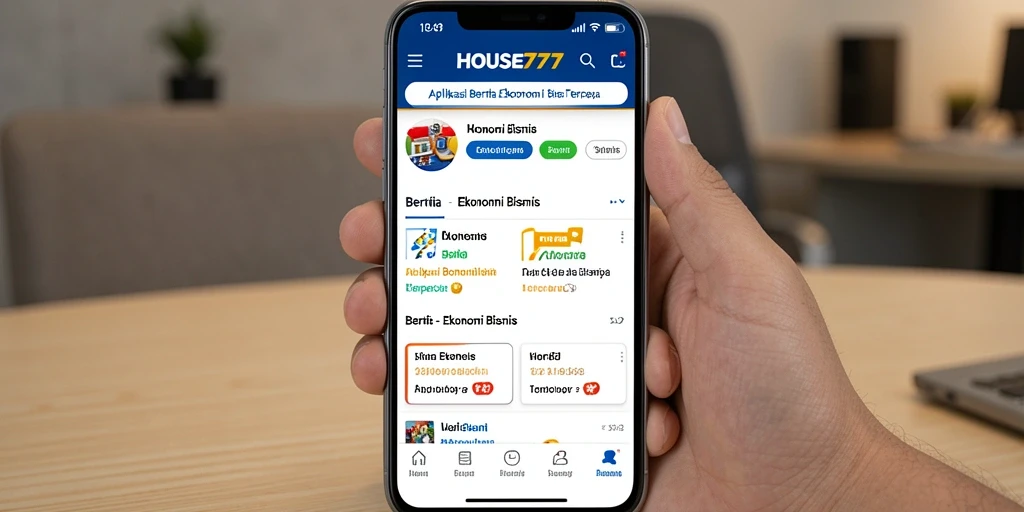 Antarmuka utama aplikasi HOUSE777 yang menunjukkan fitur berita ekonomi bisnis.